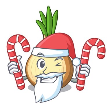 Santa maskotu izole şeker taze sarı soğan ile