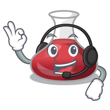 Maskot izole kulaklık kırmızı şarap sürahi ile