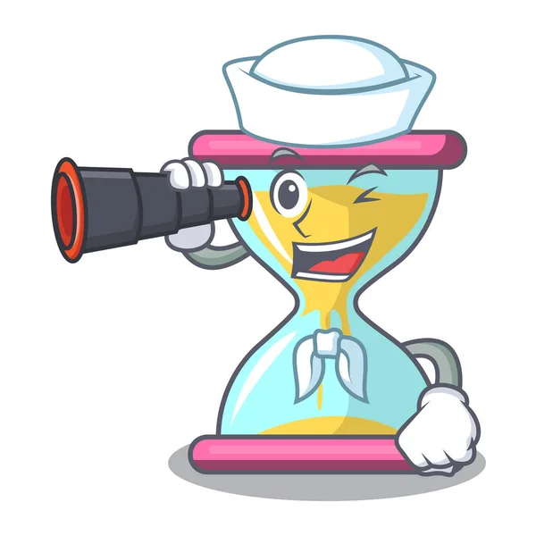 Marinero con reloj de arena moderno binocular en la mesa de dibujos animados — Vector de stock