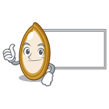 Başparmak yukarıya kurulu balkabağı tohumları bir karikatür kase ile