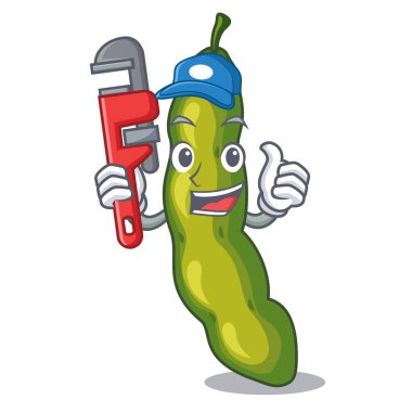 Tesisatçı yeşil fasulye pod maskotu izole