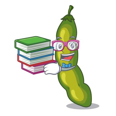 Öğrenci kitap yeşil fasulye ile pod üzerinde izole maskot