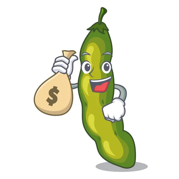 Money Bag Character Green Beans Wooden Plate Vector Illustration — Stock Vector