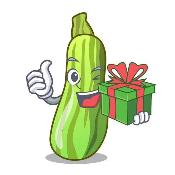 Dengan Hadiah Hijau Segar Zucchini Dalam Gambar Vektor Kotak Kartun - Stok Vektor
