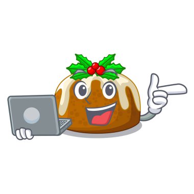 Dizüstü karakter geleneksel Noel pudingi ile plaka üzerinde