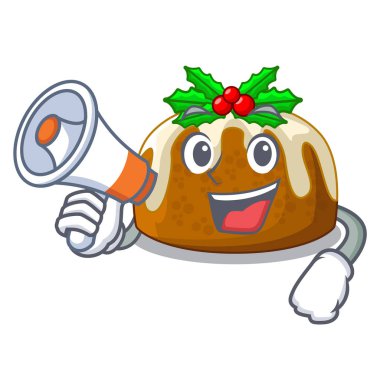 Megafon karakter geleneksel Noel pudingi ile plaka üzerinde