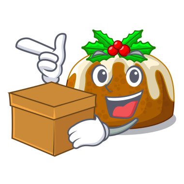 Kutusu çizgi film ev yapımı Noel pudingi ile holly vektör çizim ile