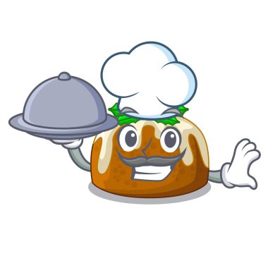 Şef ile gıda Noel pudingi yemek tablo karikatür vektör çizim üzerinde