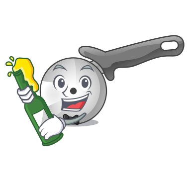 Maskot vektör illüstrasyon izole bira pizza kesici bıçak ile