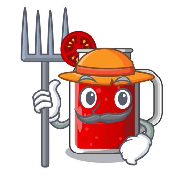 Çiftçi karakter içecek sağlıklı tatlı domates suyu vektör çizim