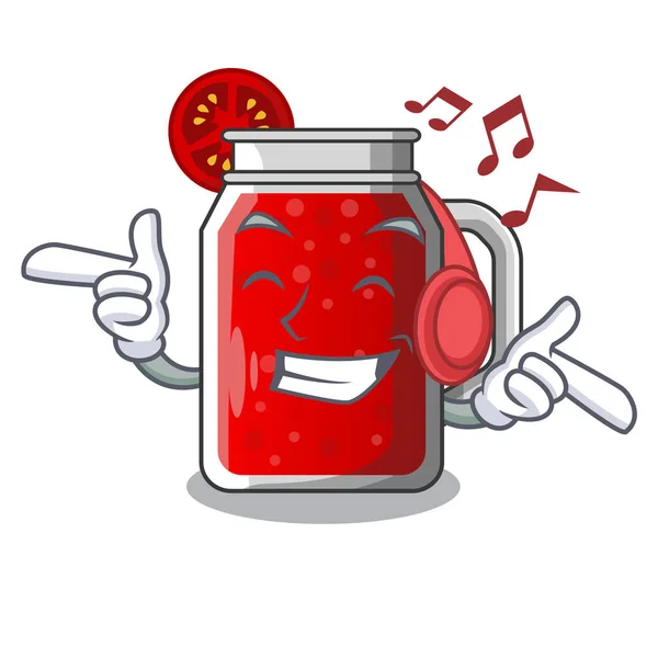 Luisteren Muziek Lekkere Tomatensap Cartoon Tabel Vectorillustratie — Stockvector