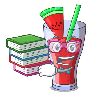 Maskot izole kitap taze karpuz suyu ile öğrenci