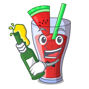 Maskot izole bira taze karpuz suyu ile