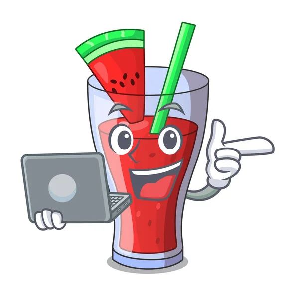 Com caráter de laptop saboroso suco de melancia de frutas de bebida — Vetor de Stock