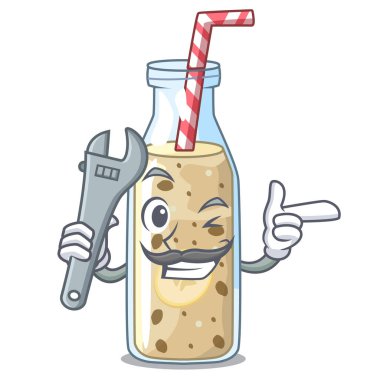 Maskot izole mekanik tatlı muz smoothie