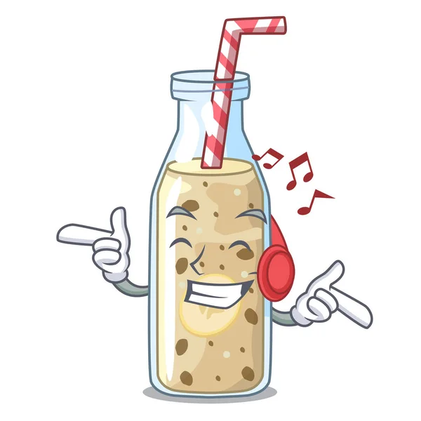 Słuchania muzyki zdrowe banana smoothie w szkle kreskówka — Wektor stockowy