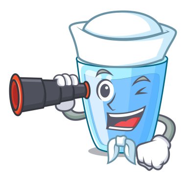 Denizci dürbün su cam üzerinde maskot izole