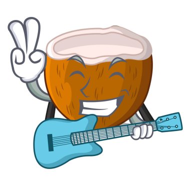 Sahilde gitar karikatür içecek hindistancevizi ile