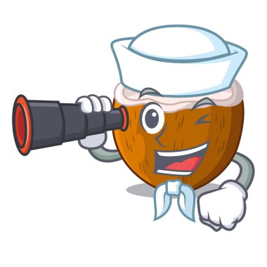 Denizci ile dürbün karikatür içecek hindistancevizi sahilde