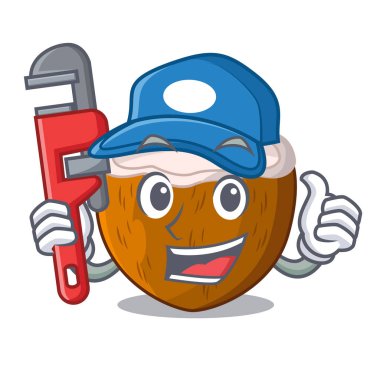 Maskot izole tesisatçı yarım Hindistan cevizi