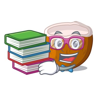 Maskot izole kitap yarım Hindistan cevizi ile öğrenci