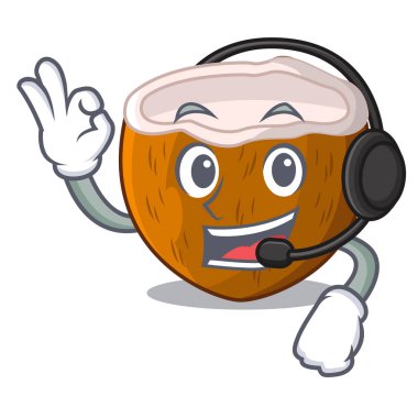 Maskot izole kulaklık yarım Hindistan cevizi ile