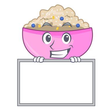 Yönetim Kurulu karakteri ile bir kase yulaf lapası sırıtarak