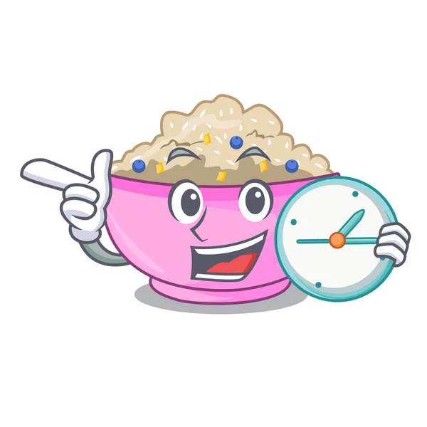 Con el reloj tradicional de avena de arroz en el bowl de dibujos animados — Vector de stock