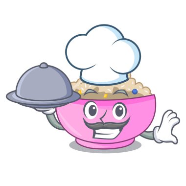 Şef yiyecek yulaf lapası kahvaltı karikatür yemek masası ile