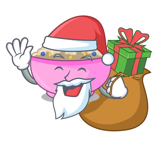 Papai Noel com presente cozido aveia de mingau inteiro na panela dos desenhos animados — Vetor de Stock