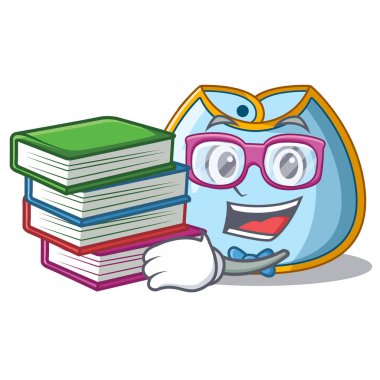 Maskot izole kitap bebek önlük ile öğrenci