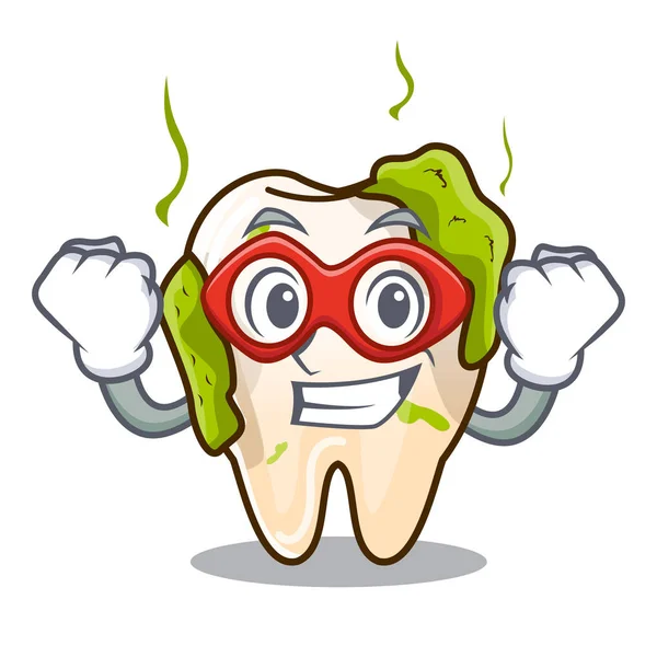 Super eroe cartone animato malsano denti cariati in bocca — Vettoriale Stock