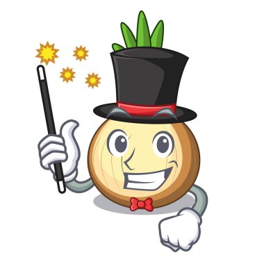 Maskot izole sihirbaz taze sarı soğan
