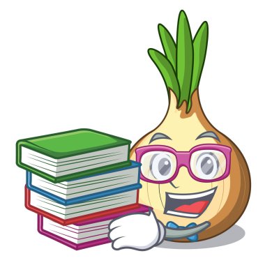 Öğrenci maskot vektör illüstrasyon izole kitap taze sarı soğan ile