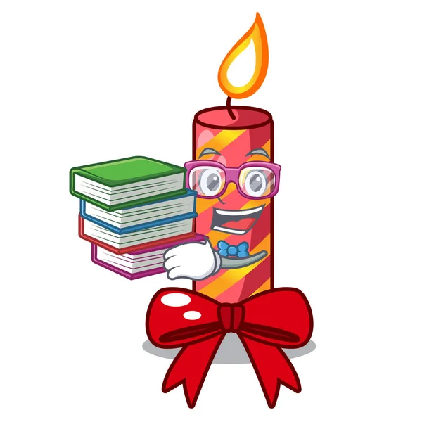 Student met boek decoratieve Kerst kaarsen geïsoleerd op mascotte — Stockvector