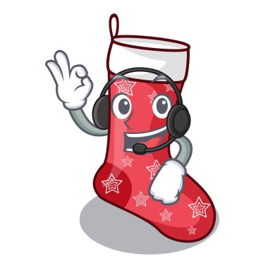 Kulaklık ile sevimli Noel üzerinde izole maskot çorap.