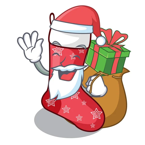 Санта с подарком милые рождественские носки изолированы на талисман — стоковый вектор