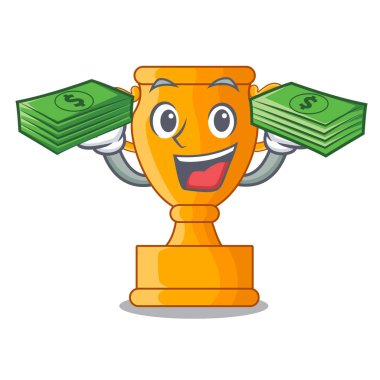 Para şampiyon altın kupa ile karikatür masada