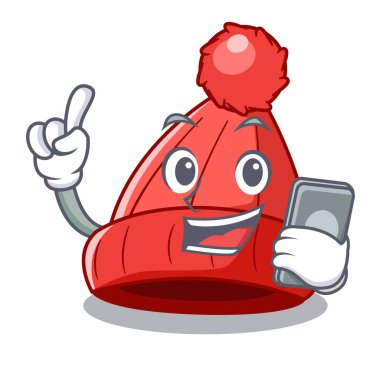 Telefon karakter kış bere ile pom pom vektör çizim ile