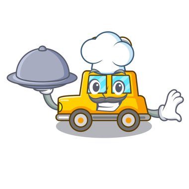 Şef ile gıda karikatür clockwork oyuncak araba hediye vektör çizim için