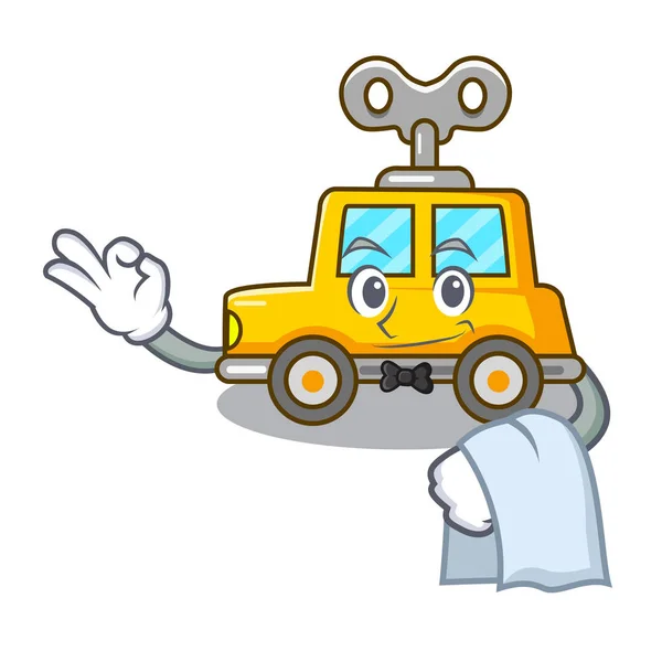 Waiter Cartoon Clockwork Toy Car Gift Vector Illustration — Stock Vector