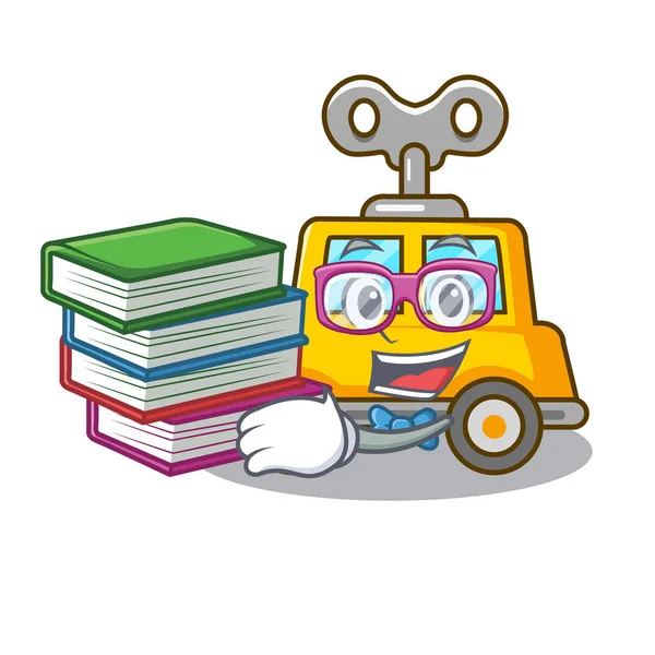 Student with book clockwork toy car isolated on mascot — Stock Vector