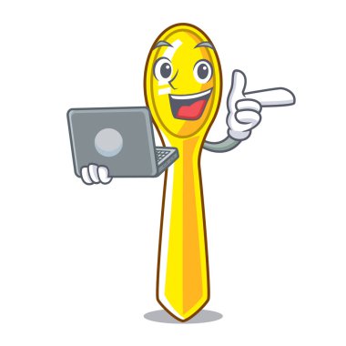 Çocuk yemek vektör çizim için dizüstü karakter kaşık plastik ile