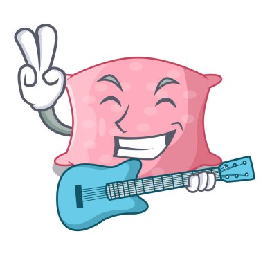 Gitar çizgi film sevimli yastık ile yatağın yanındaki