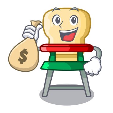 Para çantası karakteri ile bebek yemek sandalyesi üzerinde kapalı vektör çizim