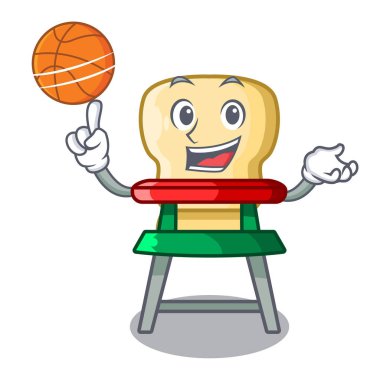 Basketbol ile karakter bebek yemek sandalyesi üzerinde kapalı vektör çizim