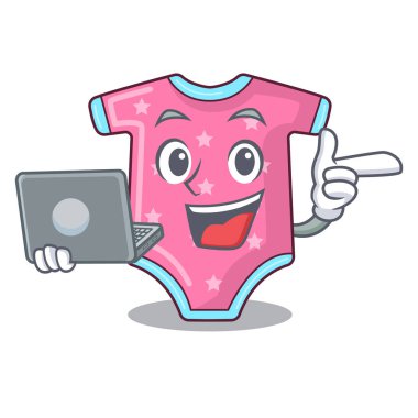 Clothesline vektör çizim üzerinde asılı dizüstü karakter bebek giysileri ile