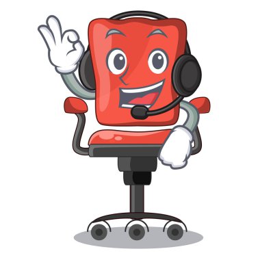 Maskot izole kulaklık Resepsiyon sandalye ofis ile