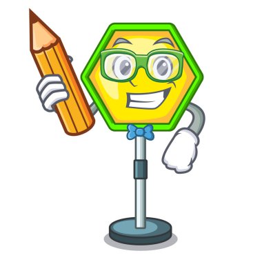 Öğrenci çizgi film trafik işareti üzerinde trafik yol vektör çizim