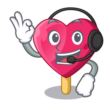 Kulaklık ile şekilli kalp dondurma maskot vektör çizim